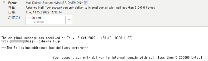 メールを送信できない（Returned Mail: Your account can only